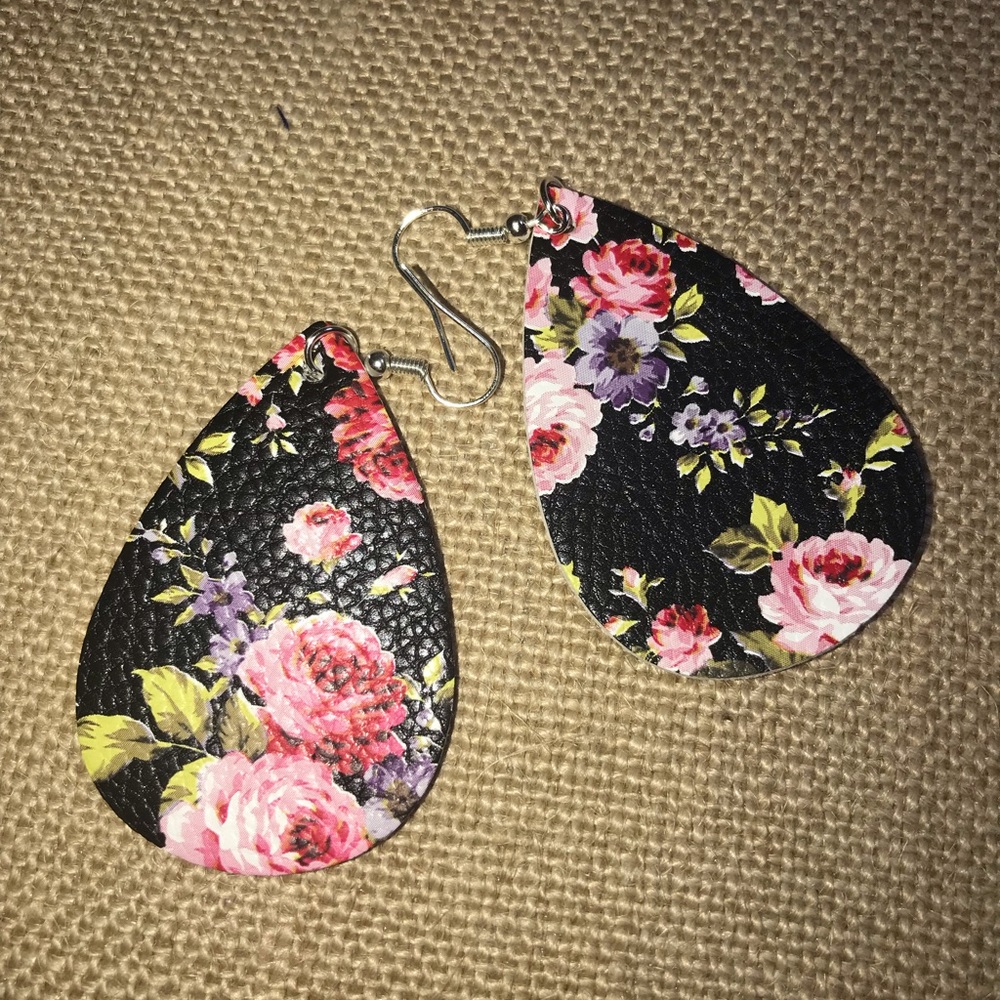 Black Floral Leather-like Teardrop Earrings